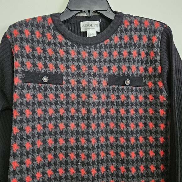 Adolfo Black Red Gray Houndstooth Sweater Sz L Classic Academia Professional - Picture 2 of 9